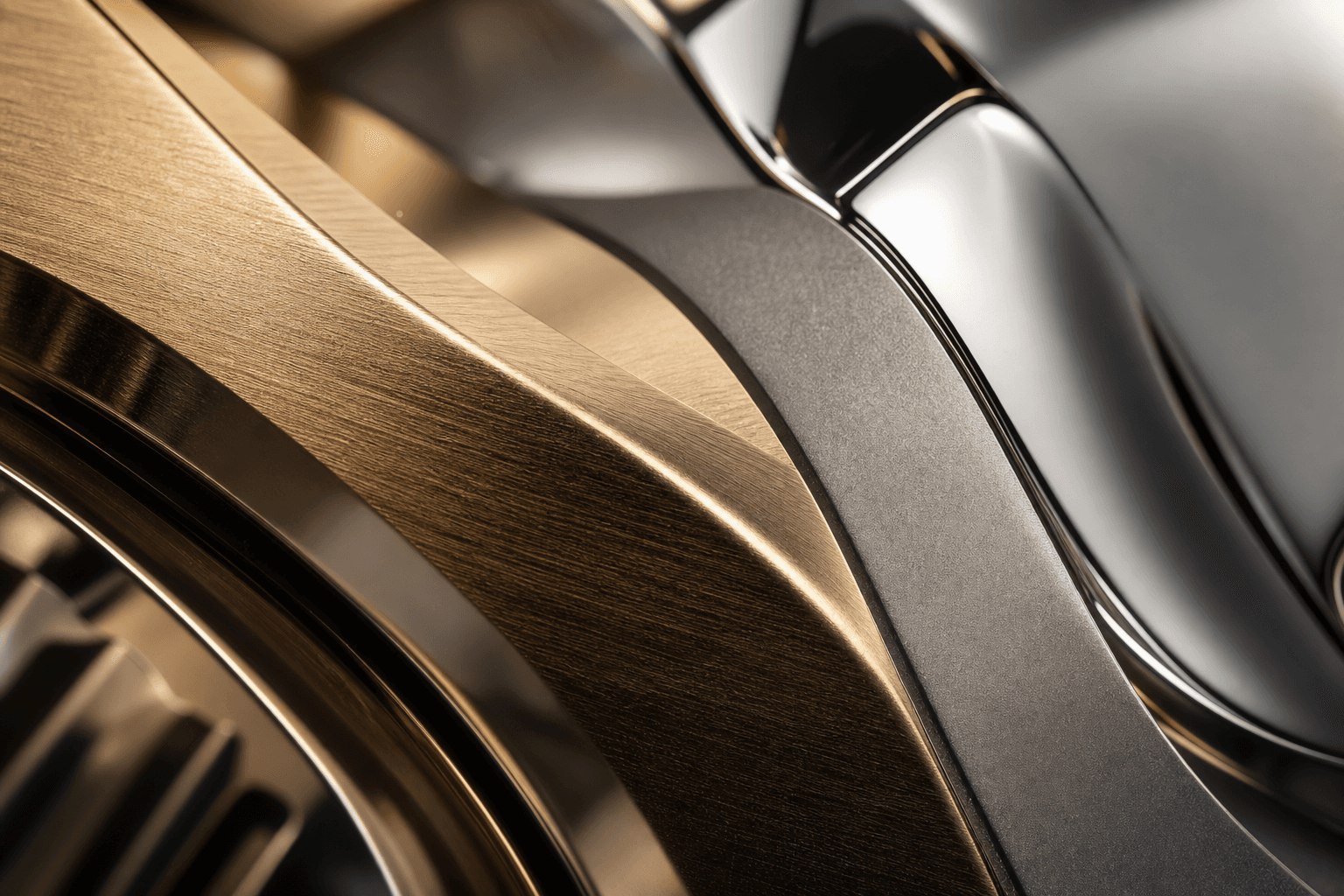 Macro detail of brushed brass, polished steel and matte titanium