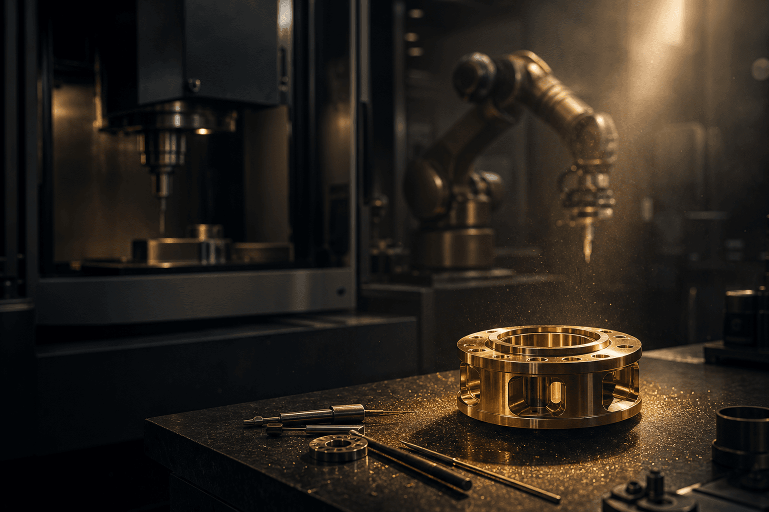 Susira precision workshop floor — a freshly machined brass component under the light